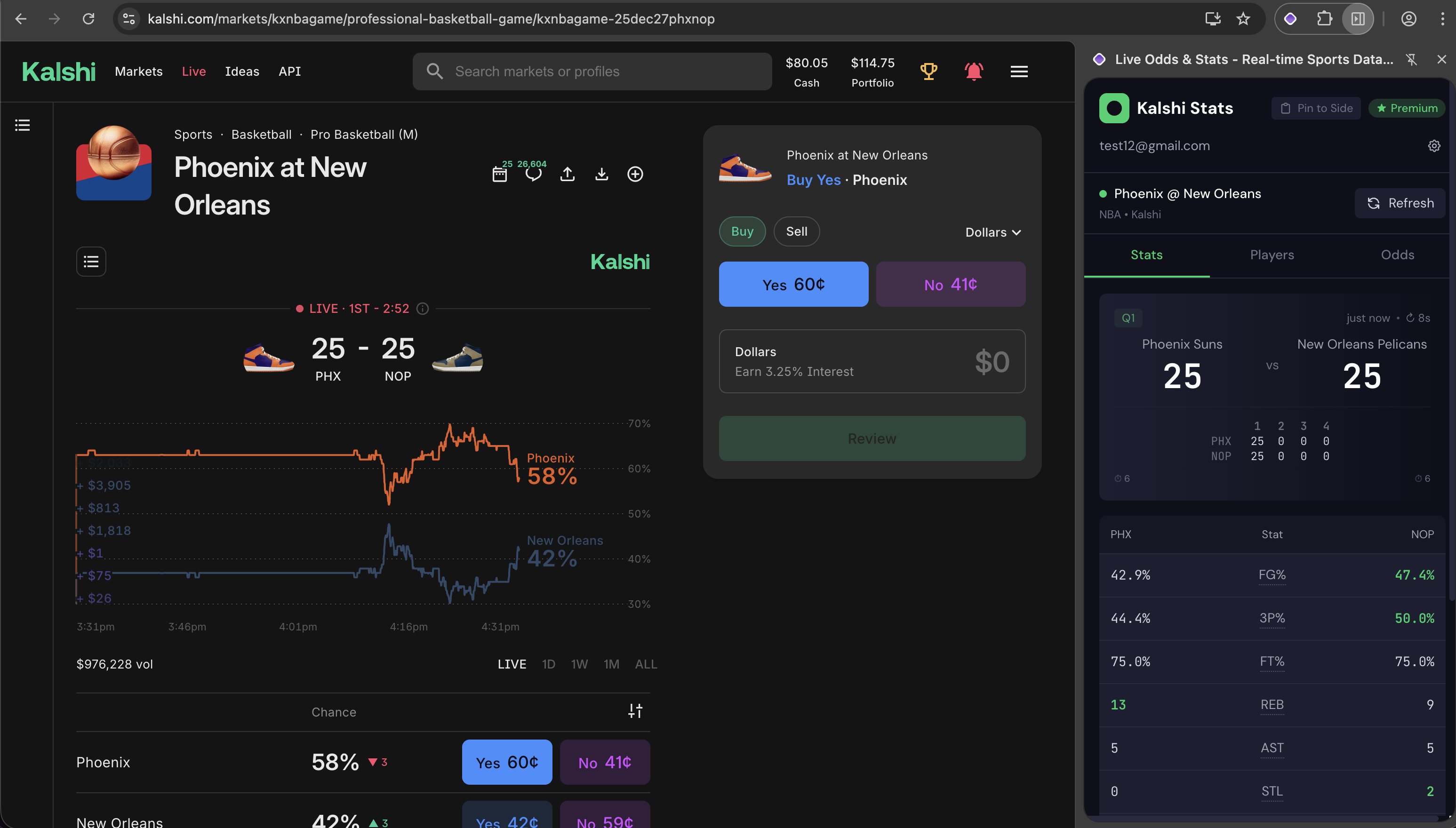 NBA live game statistics on Kalshi - showing real-time scores and team stats